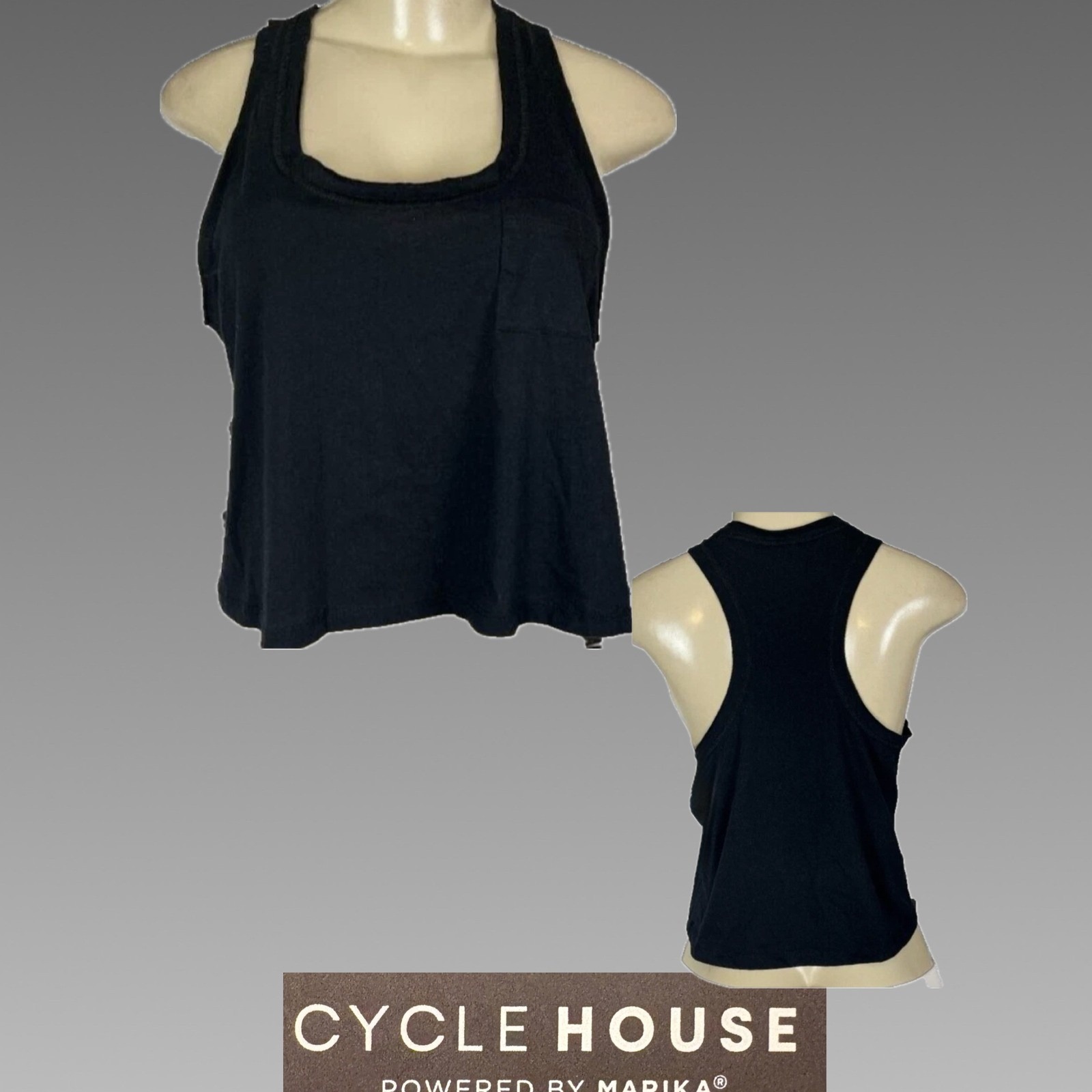 Cycle House Powered By Marika M Black Citypro Racerback Tank Crop Chest Pocket